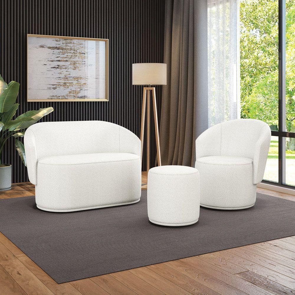 Sofá Namoradeira Com Poltrona E Puff Orgânico Sala Malu Bouclê M11 - D`rossi Off White