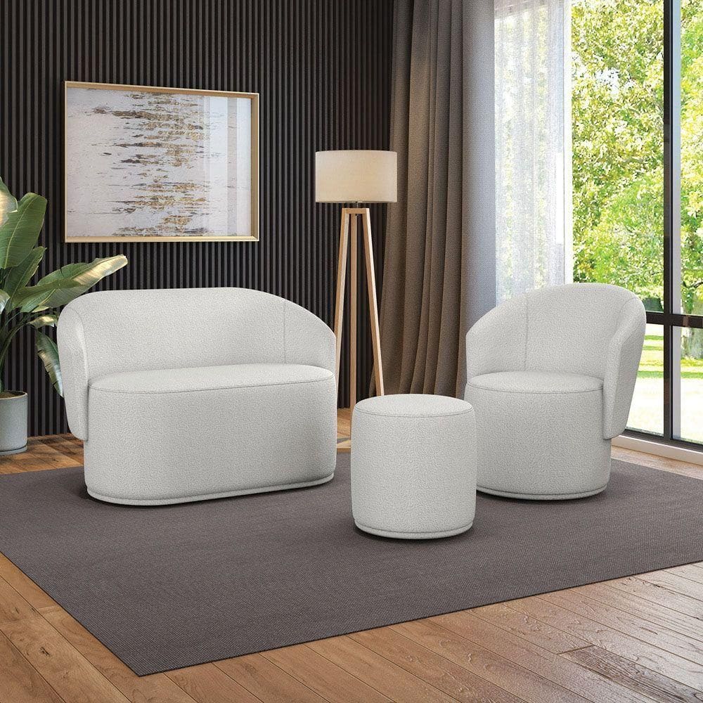 Sofá Namoradeira Com Poltrona E Puff Orgânico Sala Malu Bouclê M11 - D`rossi Cinza