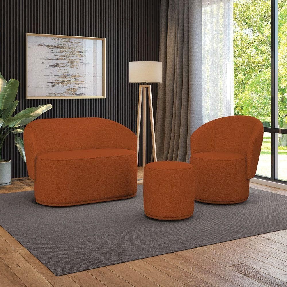 Sofá Namoradeira Com Poltrona E Puff Orgânico Sala Malu Bouclê M11 - D`rossi Terra