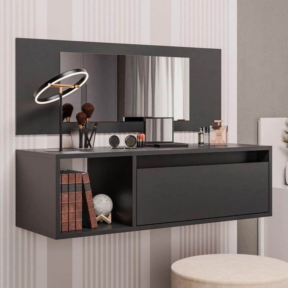 Penteadeira Camarim Eva Suspensa Com Espelho 1 Porta - Ssx Multicoisas Preto