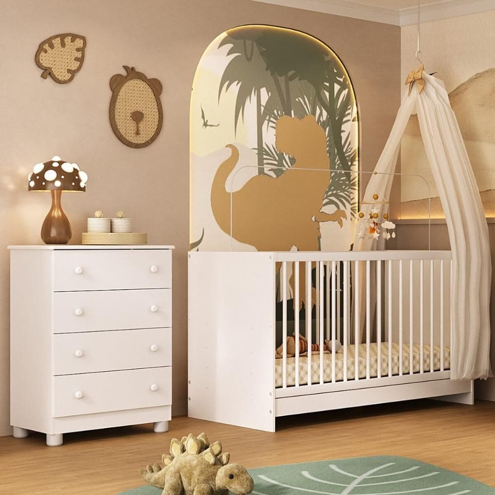 Berço 3 em 1 para Colchão 130x60cm com Cômoda 4 Gavetas Sol Multimóveis MP4744