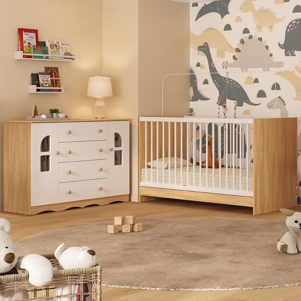 Berço 3 em 1 para Colchão 130x60cm com Cômoda 2 Portas 4 Gavetas Liz Multimóveis MP4765