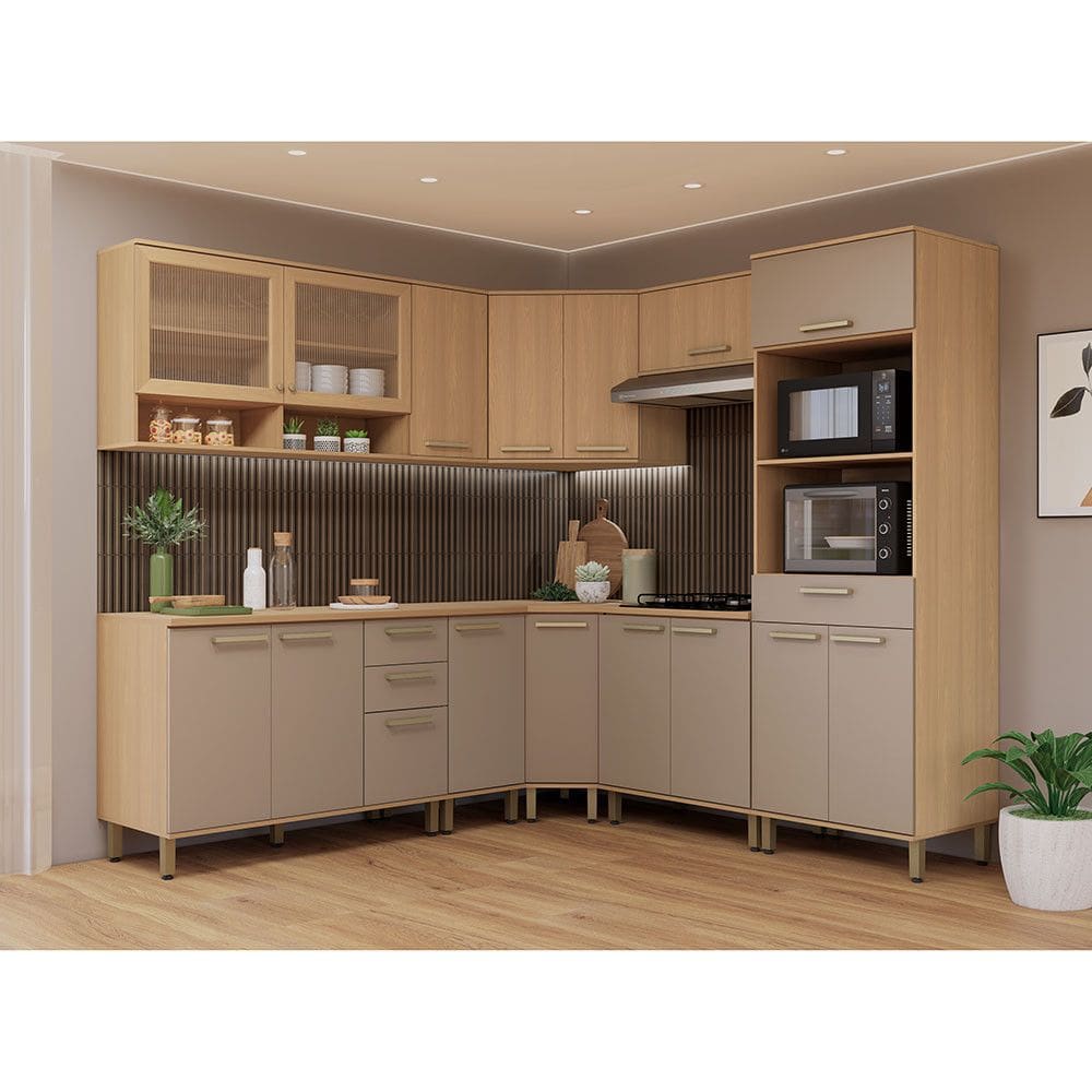 Cozinha Completa 100 MDF de Canto 9 Pecas Com Tampo e Espaco Forno e Micro-ondas 458cm Duna Luciane Moveis
