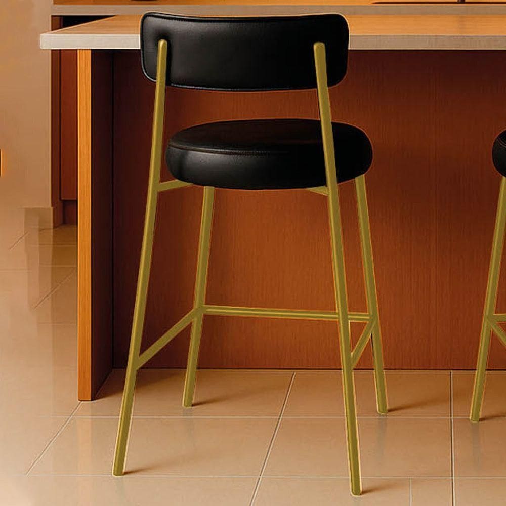 Banqueta Cozinha Média Com Encosto Industrial Dourado Londres Pu Preto D03 - D`rossi