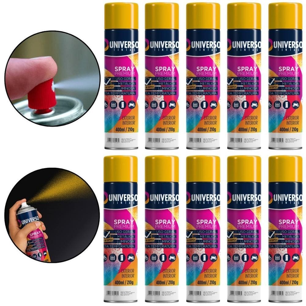 Kit 10 Latas Tinta Spray Amarelo 400Ml Uso Geral Aço Couro
