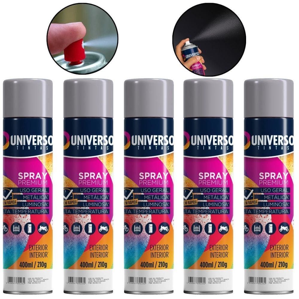 Kit 05 Latas Tinta Spray Cinza 400Ml Uso Geral Aço Couro