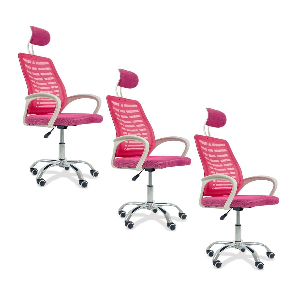Kit 3 Cadeiras Escritório Diretor Tela Mesh Com Encosto Rosa