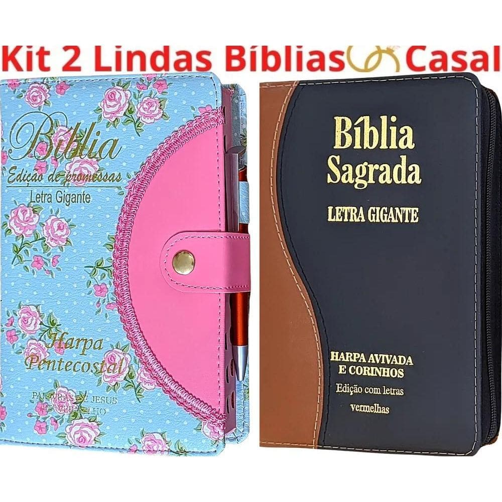 2X Kit 2 Bíblias Sagrada Do Casal Letra Gigante Harpa E Indi