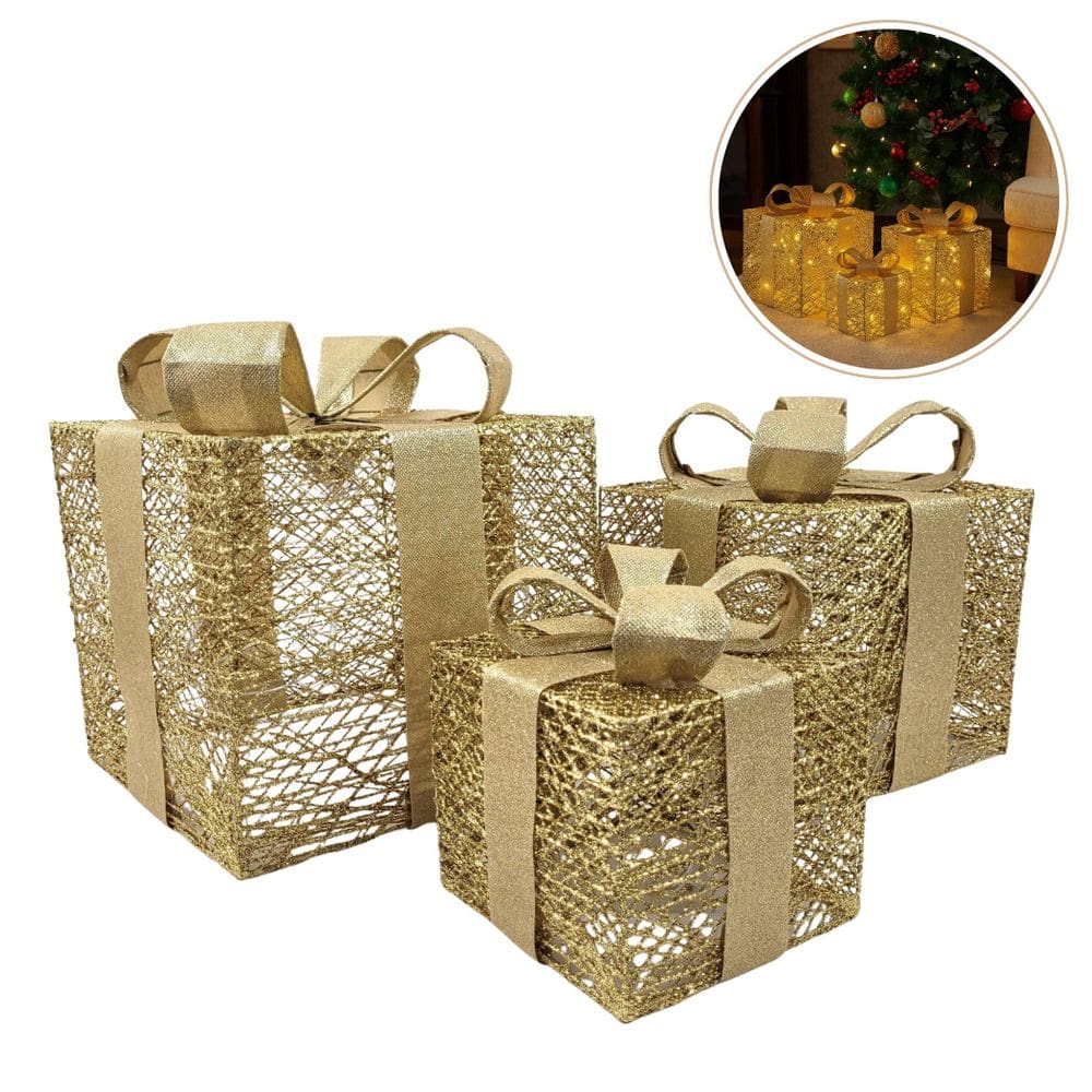 Kit 3 Caixa De Presente Aramada Dourada Decoração Natal