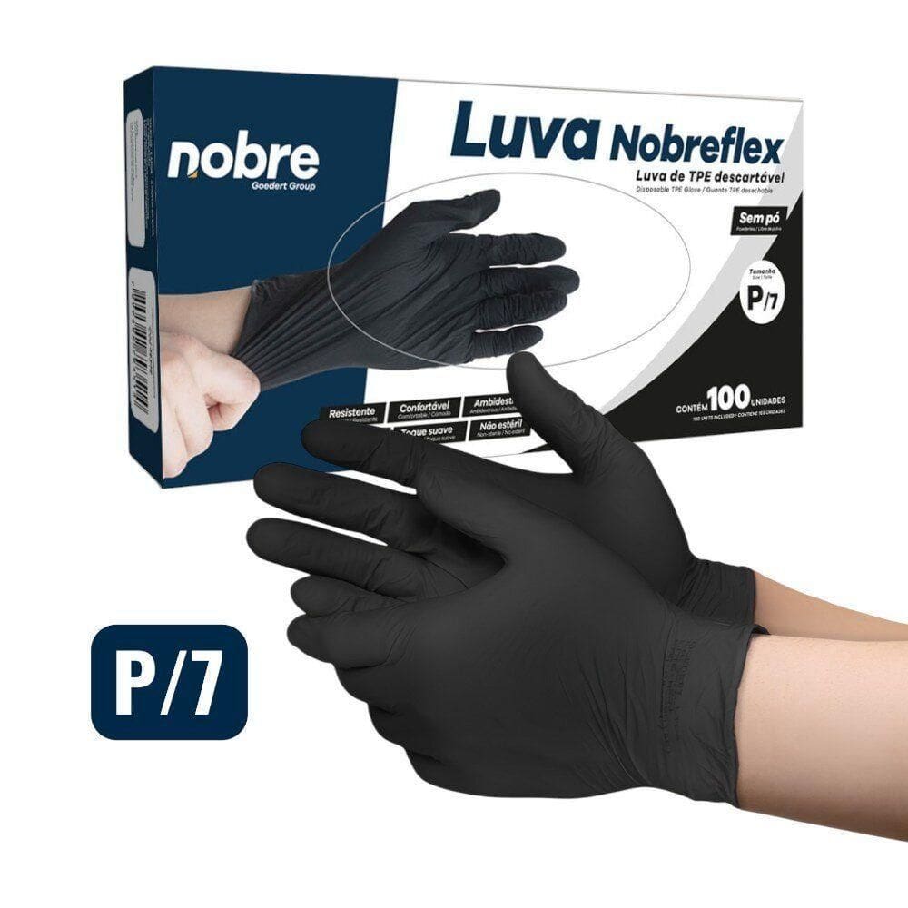Caixa Com 100 Luvas Tpe Sem Pó Descartável P Preta Nobre Nobreflex Para Alimentos