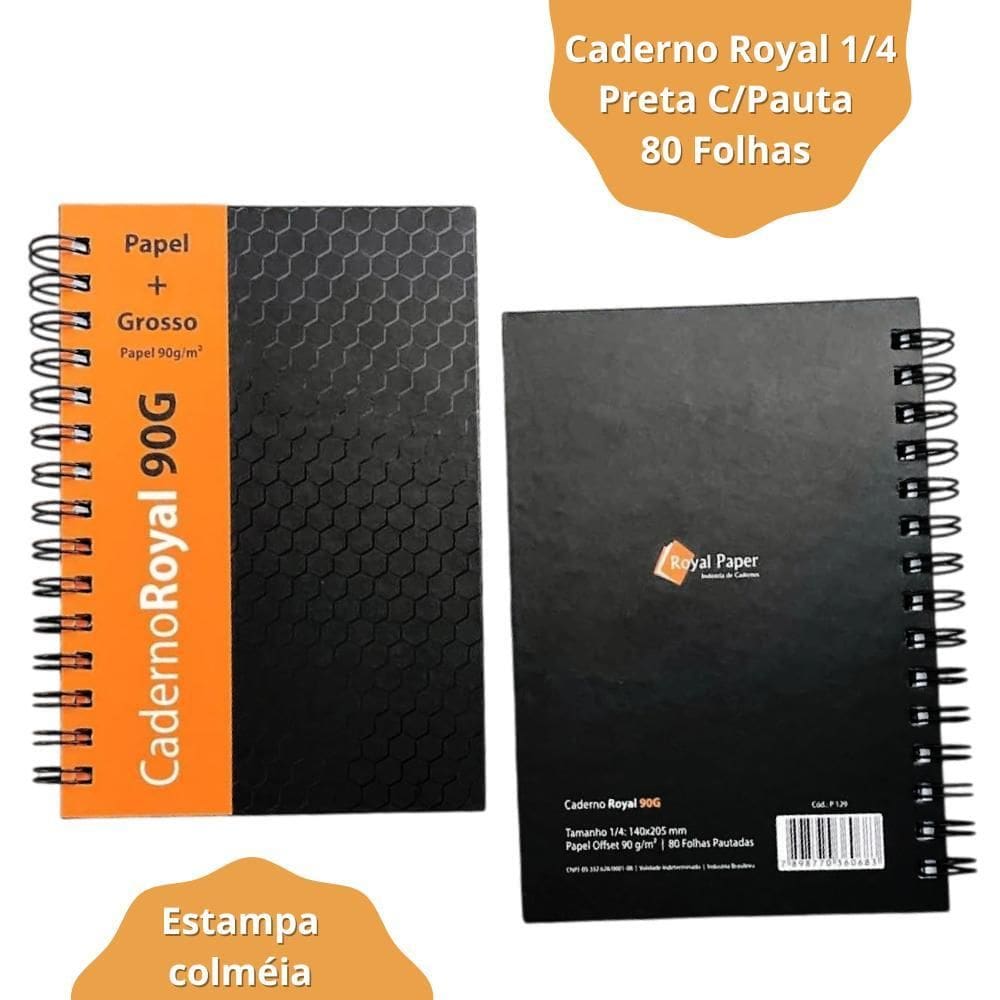 Caderno Royal 1/4 Preta C/Pauta 80 Folhas 140X205 Mm
