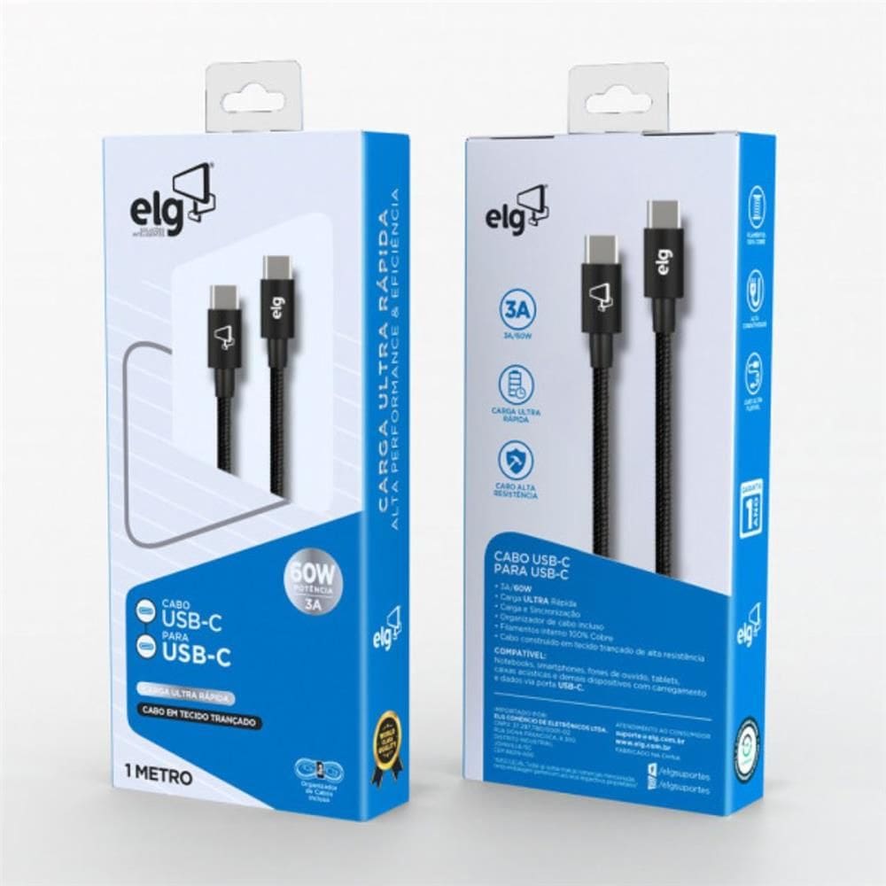 Cabo ELG USB-C para USB-C, 60W, 1 Metro, Preto, TC60B