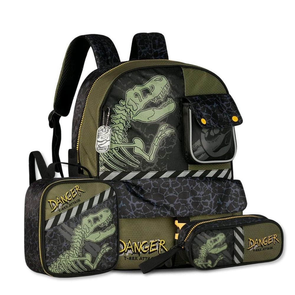 Kit Escolar Dinossauros Mochila Costas C Lancheira E Estojo