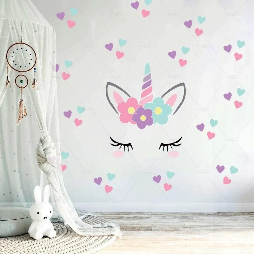 2X Adesivo De Parede Infantil Unicórnio Corações