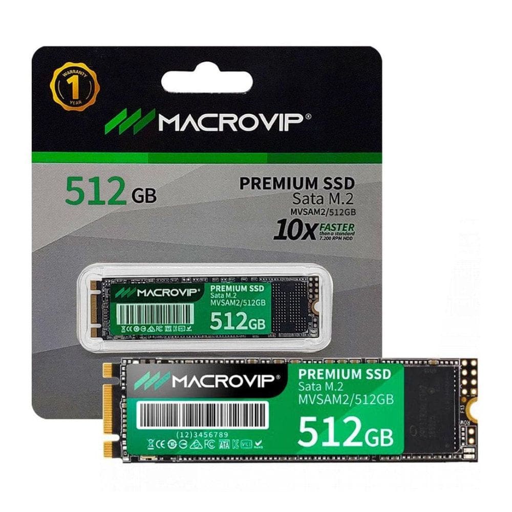 SSD Macrovip Premium M.2 SATA III 512GB Leitura 500MB/s Gravação 450MB/s - MVSAM2/512GB