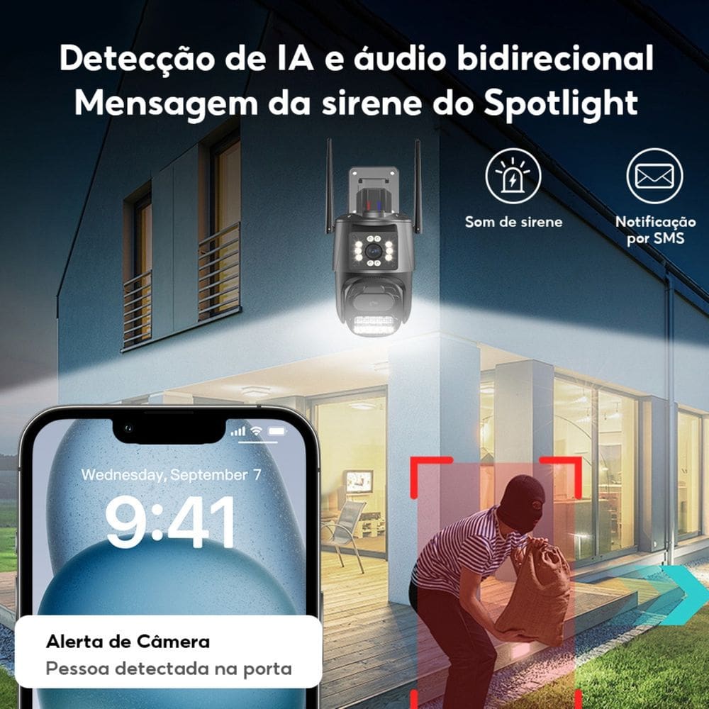 Câmera Segurança 360° 4K IP Lente Dupla Wifi Sirene Detecção