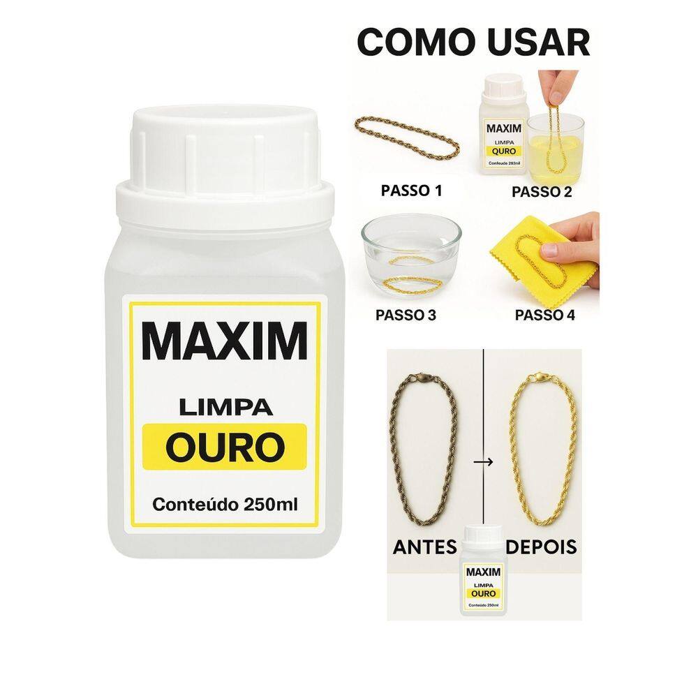 Limpa Jóias Ouro Puro 18K Platina Maxim 250Ml Grande Liquido