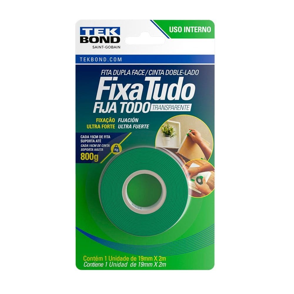Fita Dupla Face Acrílica Fixa Tudo Rolo 2M X 19Mm