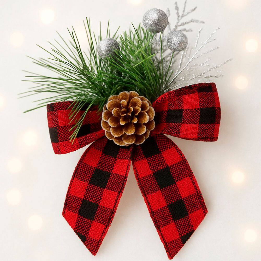 Arranjo Pinheiro Laço Enfeite Natalino Xadrez 15cm Kit 24pçs