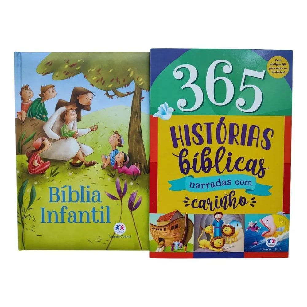 2X Kit Com Livro 365 Historias E Uma Bíblia Ilustrada Crianç