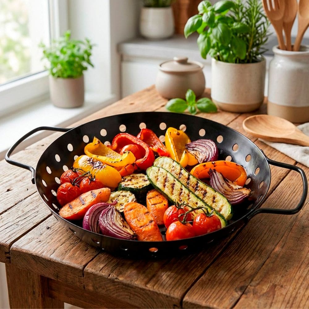 Assadeira Churrasqueira Grelha Cesto Redonda Em Metal 24cm