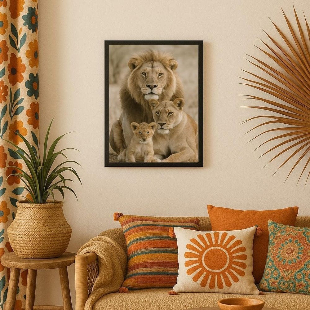 Quadro Fotografia Família De Leões Bege - 1 Filhote 45X34Cm