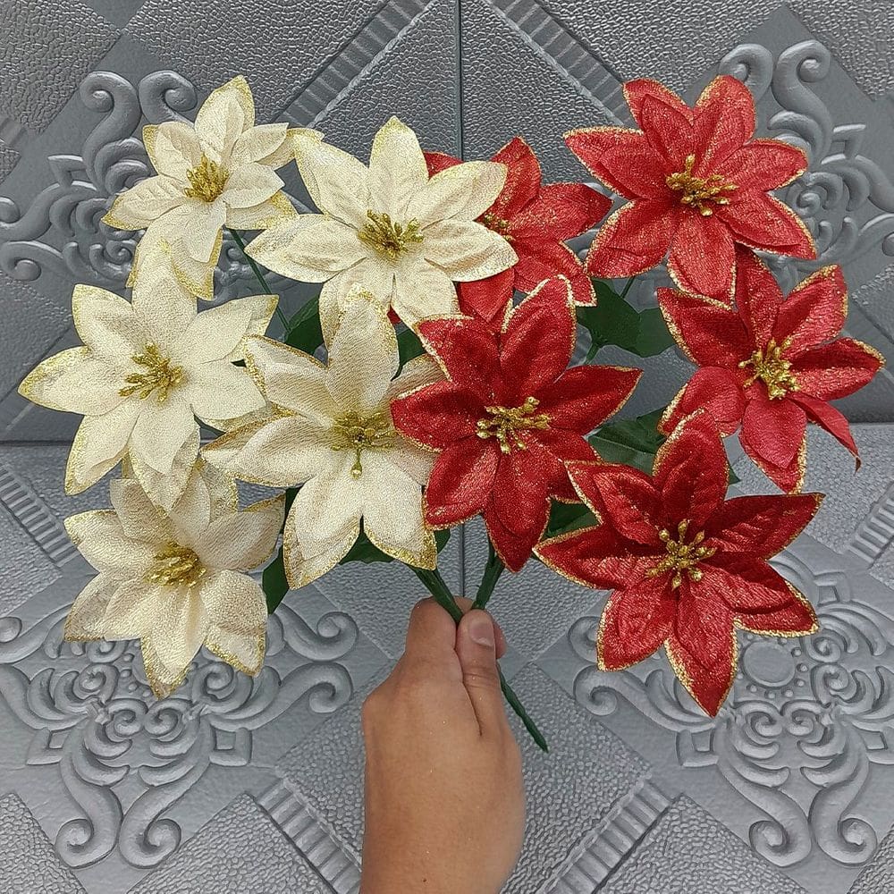 Buquê 5 Galhos Enfeite Poinsettia Natalino De 30cm Kit 24pçs