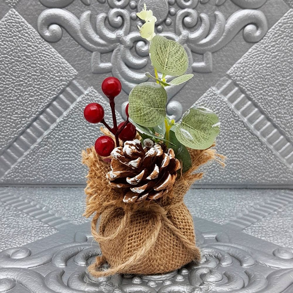 Arranjo Cereja Pinha Artificial Vaso Enfeite Mesa Natal 15cm