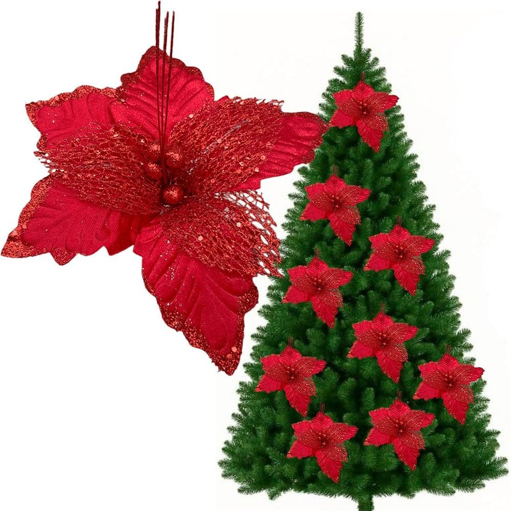 Flores Árvore Natal Gliter Vermelho Decoração Kit 10pçs 25cm