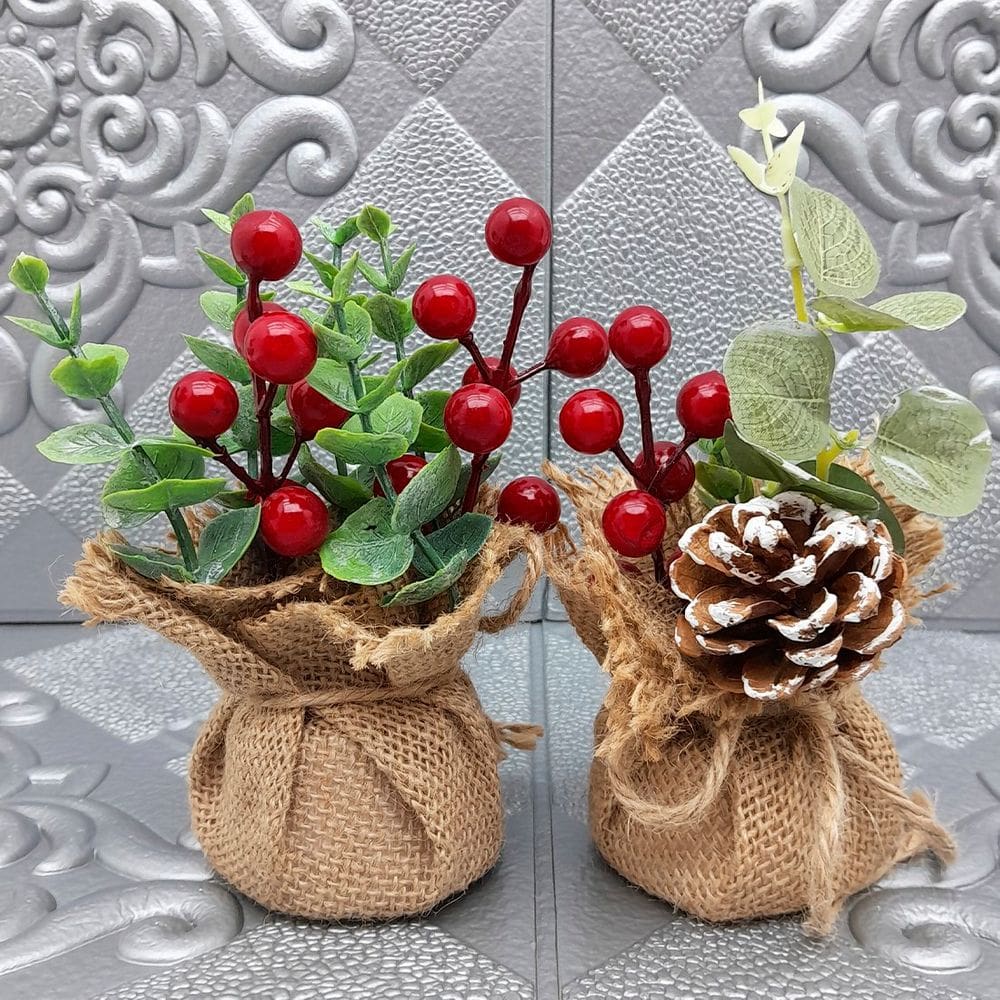 Arranjos Enfeite Mesa Natal Vaso Cereja Pinha 15cm Kit 2pçs