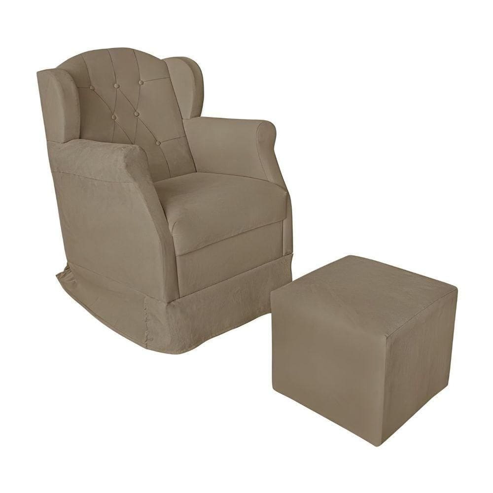 Poltrona Amamentação Com Balanço E Puff Luxo Suede Manuela Bege Escuro