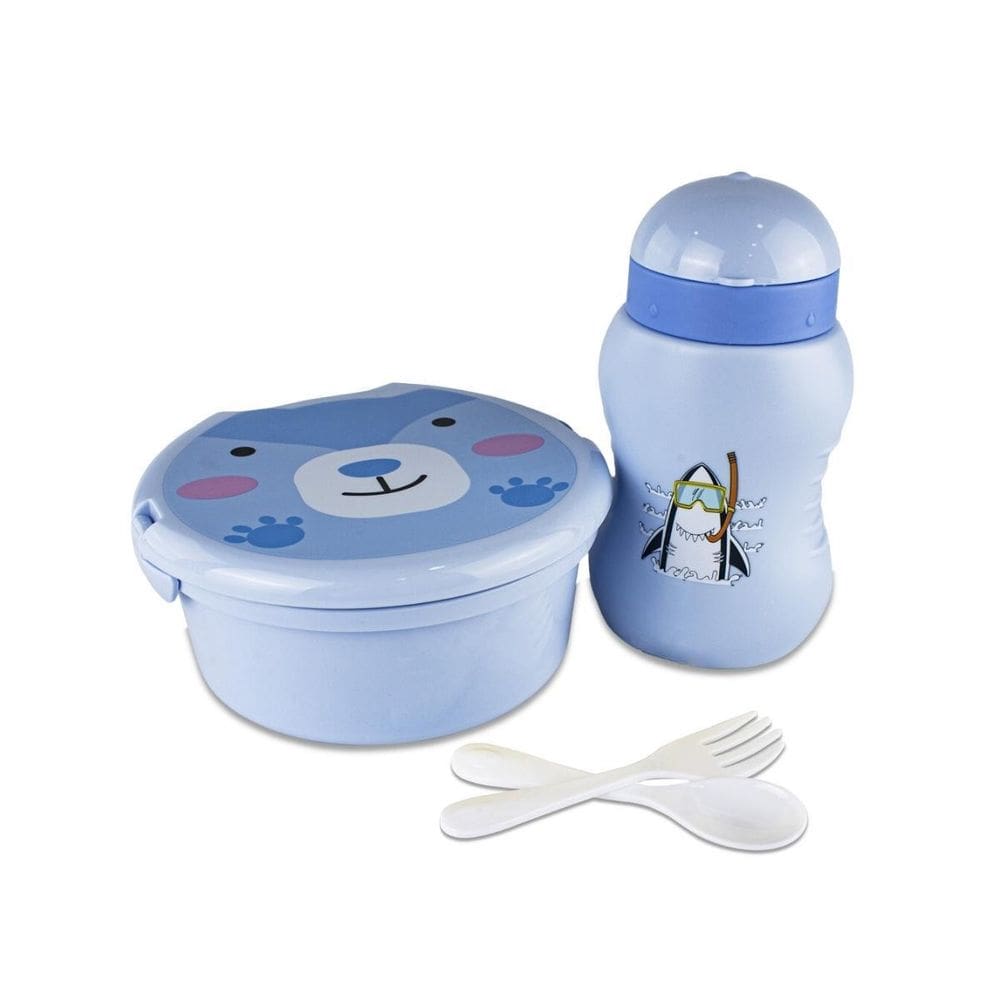 Lancheira Marmita Infantil Garfo E Colher + Garrafinha Azul