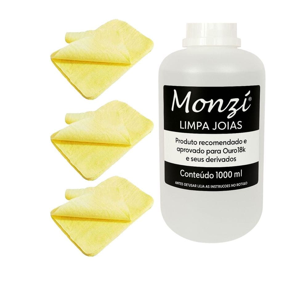 Kit 1 Limpa Jóias Ouro Monzi 1000Ml Grande + 3 Flanela Pano