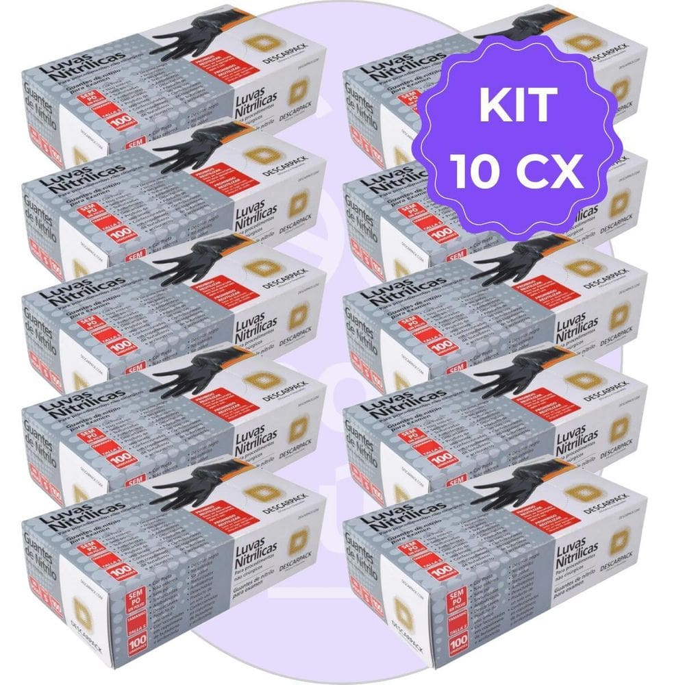 Kit 10 Luva Descartável Nitrílica Sem Pó Preta P Descarpack