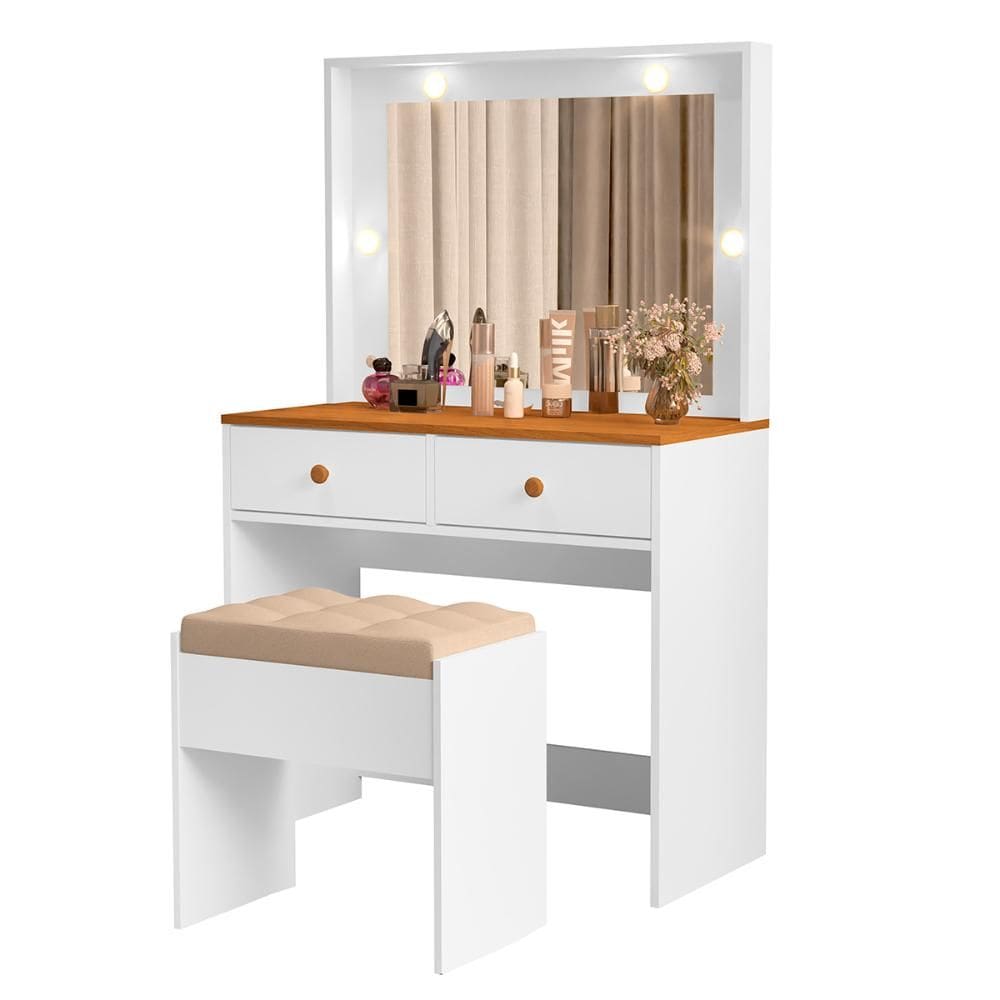 Penteadeira Livia Com 2 Gavetas Luz de LED e Banqueta