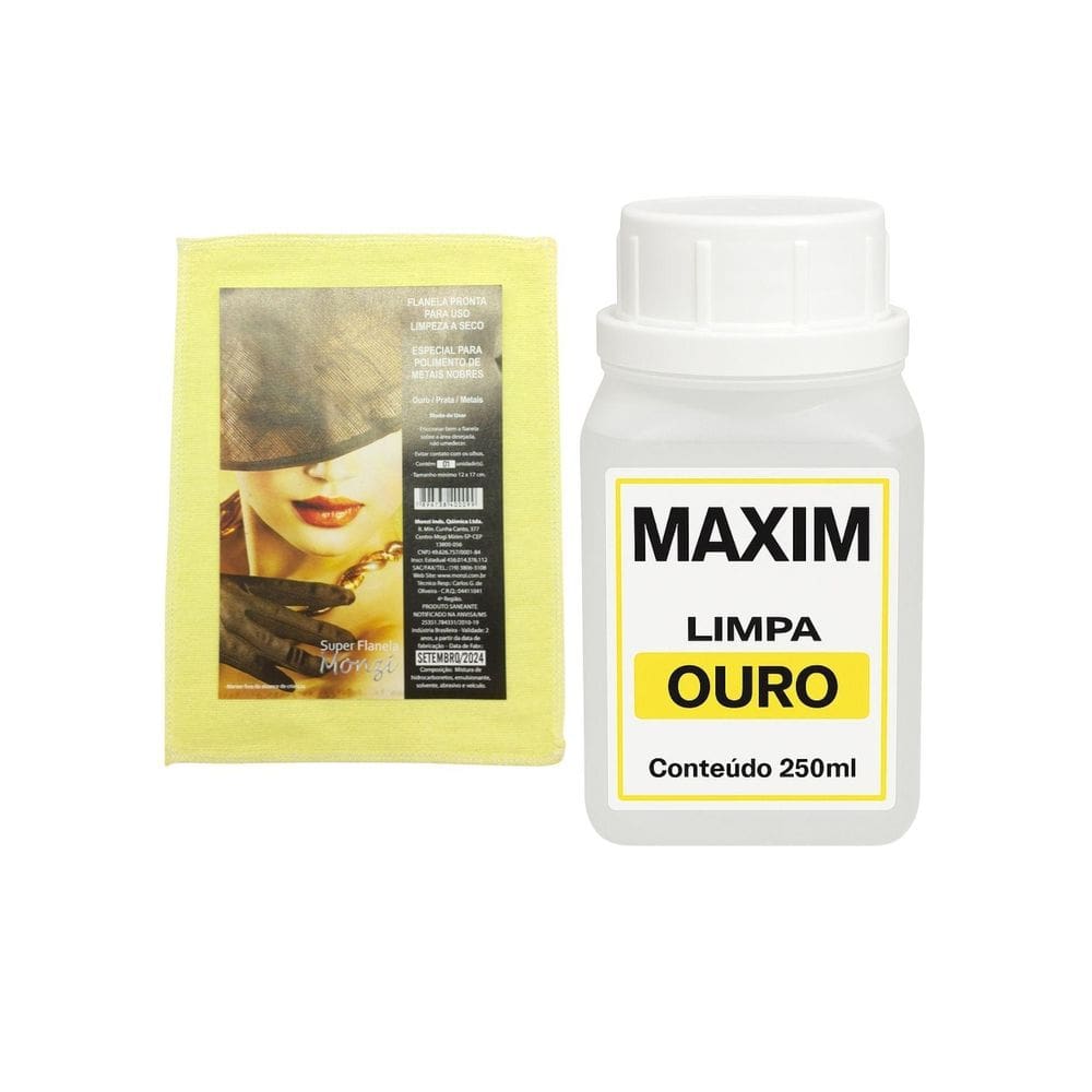 Kit Limpa Jóias Ouro Puro 18K Maxim 250Ml Grande + Flanela