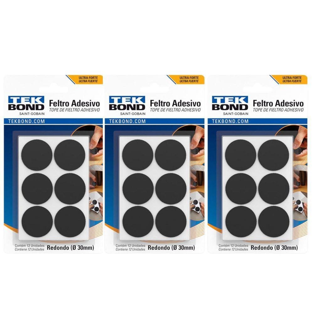 Feltro Protetor 30Mm Redondo Preto - 36 Und - Kit 3 Cartela
