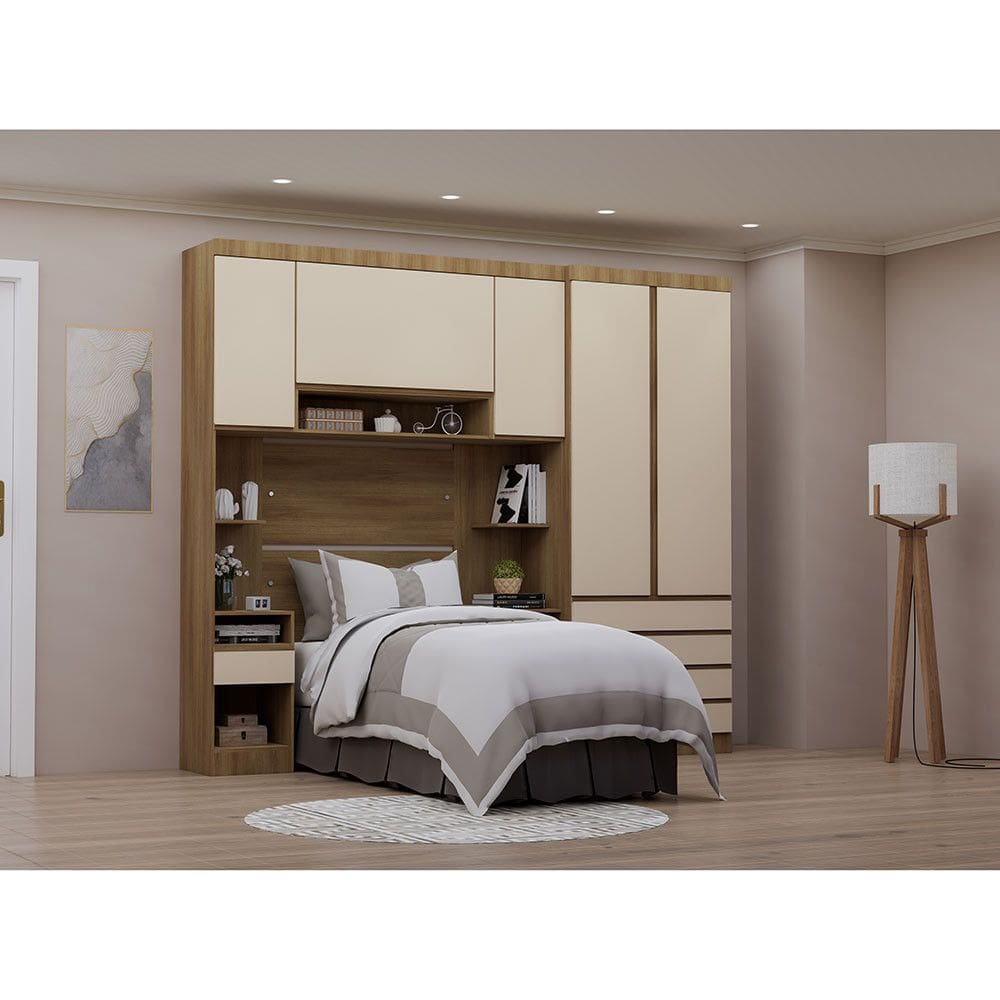 Quarto de Solteiro Com Guarda Roupa e Mesas de Cabeceira 263cm Veneza Luciane Moveis