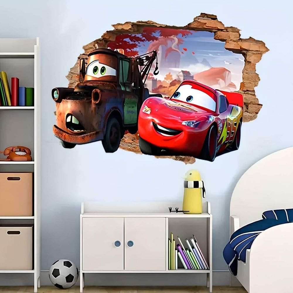 Adesivo De Parede Buraco Carros Relâmpago E Mate