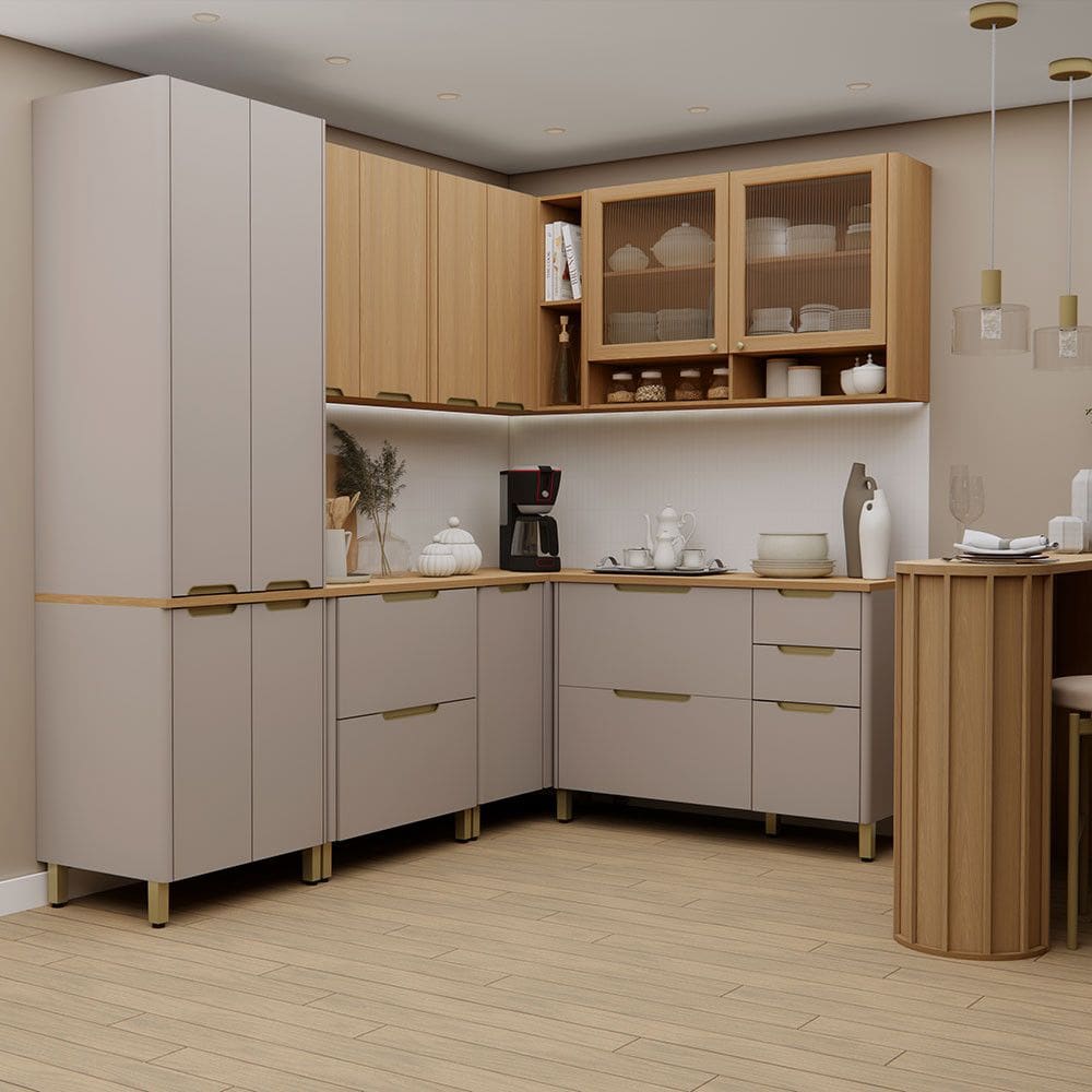 Cozinha Modulada Completa de Canto 8 Pecas com Tampo e Bancada Lumina 100 MDF Luciane Moveis