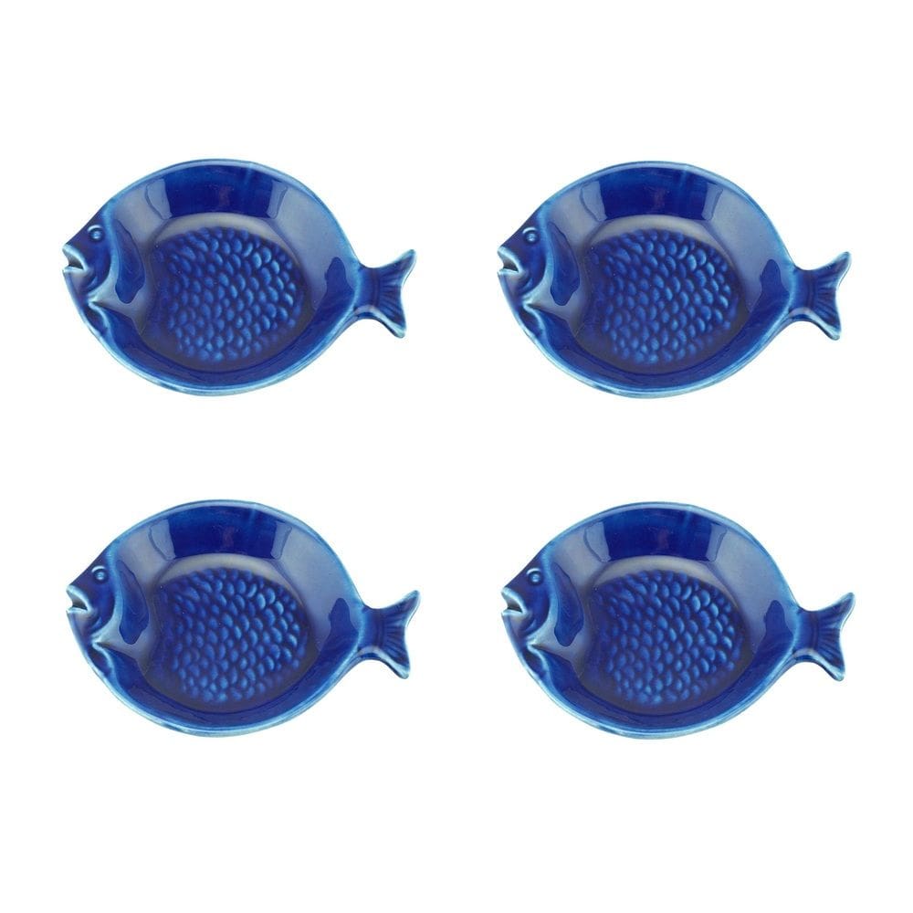 Cj 4 Bowls Rasos de Cerâmica C/Formato Peixe Ocean Azul 100ml 14x11cm Bon Gourmet