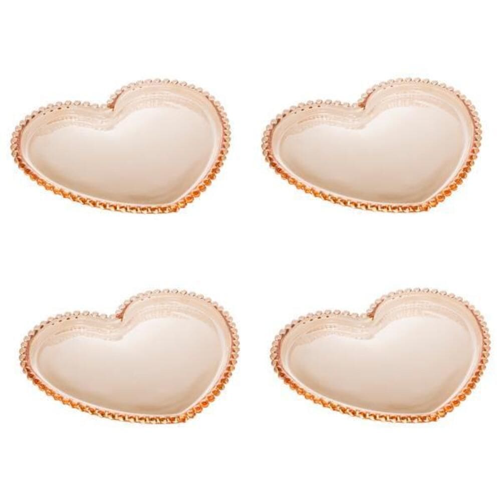 Cj 4 Pratos para Sobremesa de Cristal C/Formato Coração Pearl Bolinha Âmbar 18x15cm Wolff