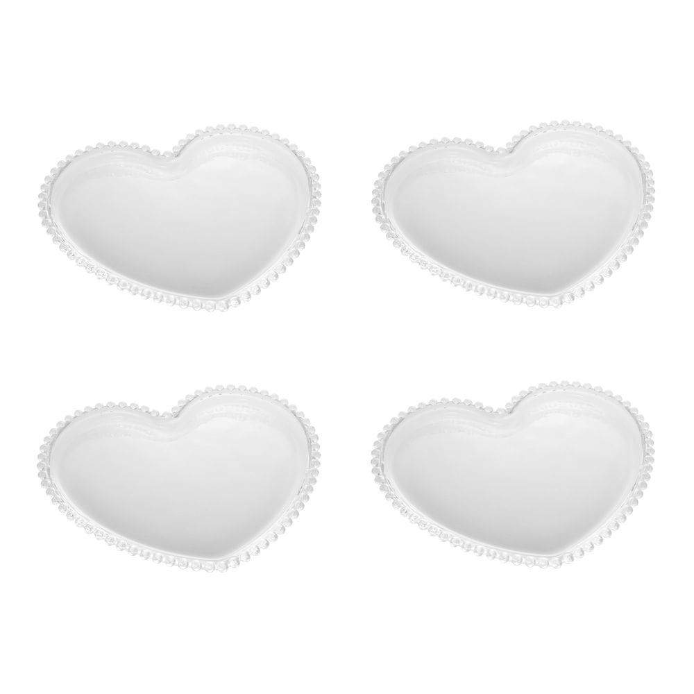 Cj 4 Pratos para Sobremesa de Cristal C/Formato Coração Pearl Bolinha Transparente 18x15cm Wolff