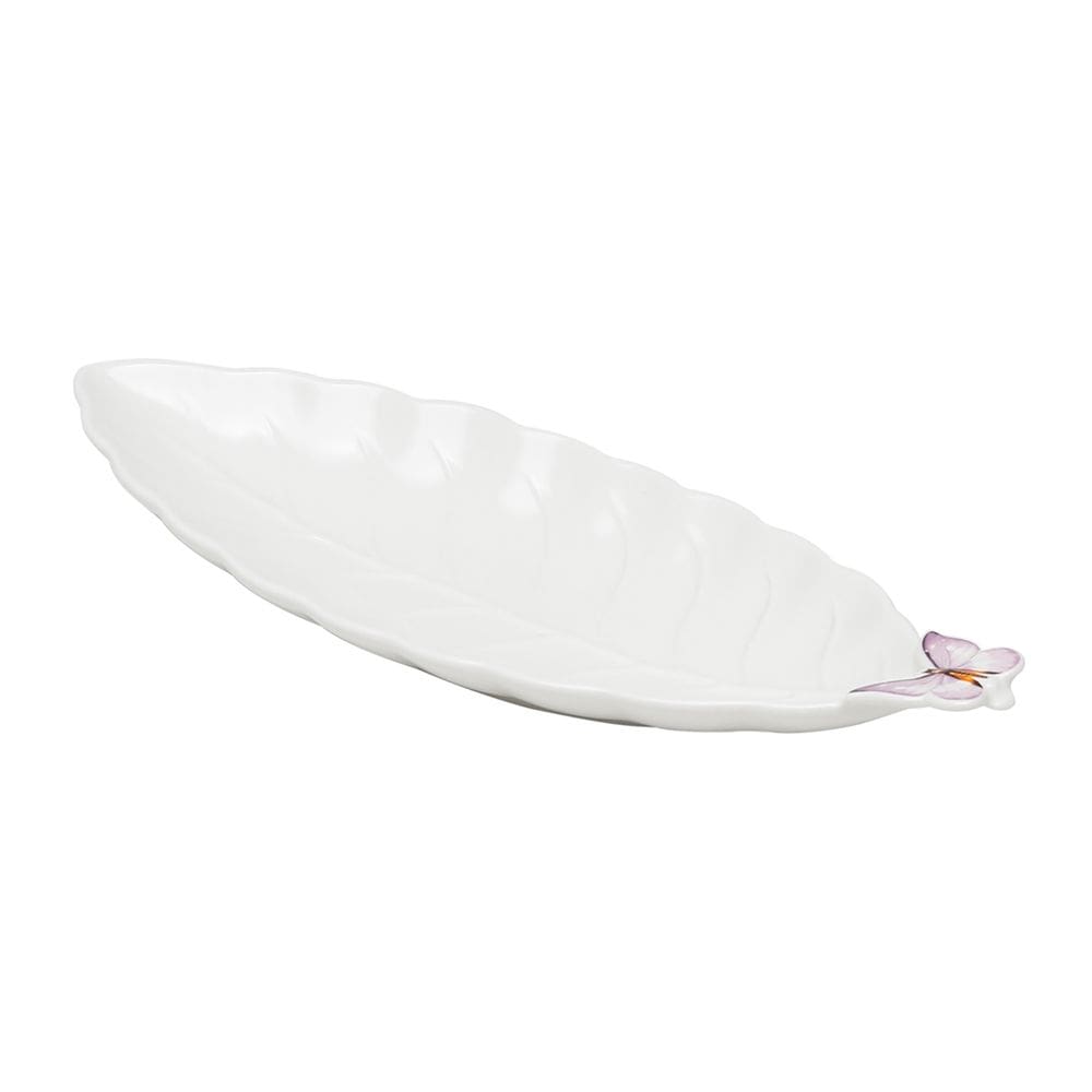 Travessa de Porcelana Branca C/Formato Folha Borboletas 31x11,5cm Wolff