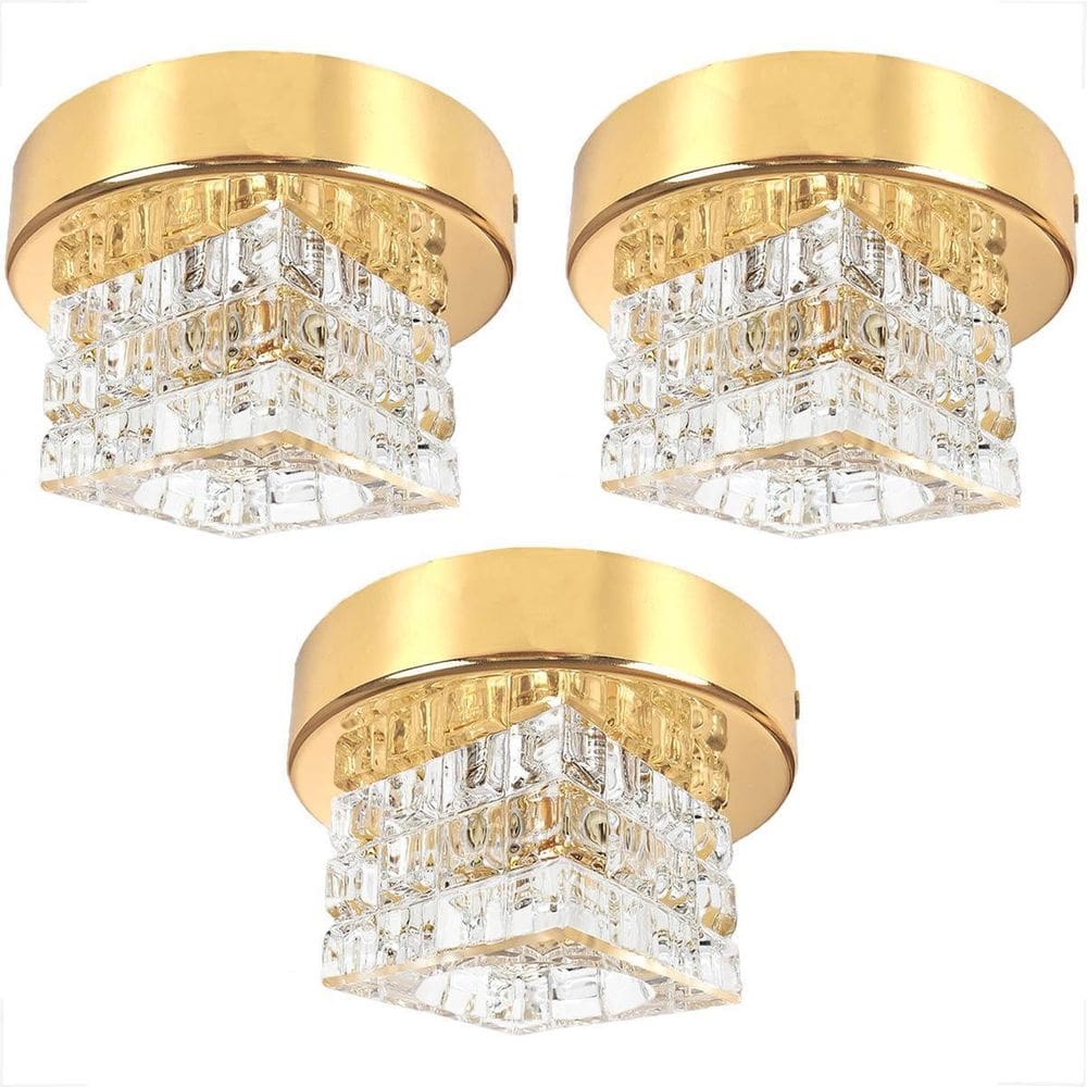 Kit 3 Spot Cristal Quadrado Sobrepor Dourado Plafon Lavabo