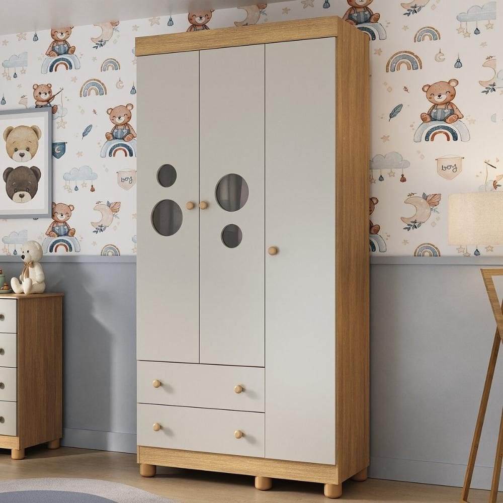 Guarda-roupa Infantil 92cm com Vidro 3 Portas e 2 Gavetas Bombom Multimóveis MP4462