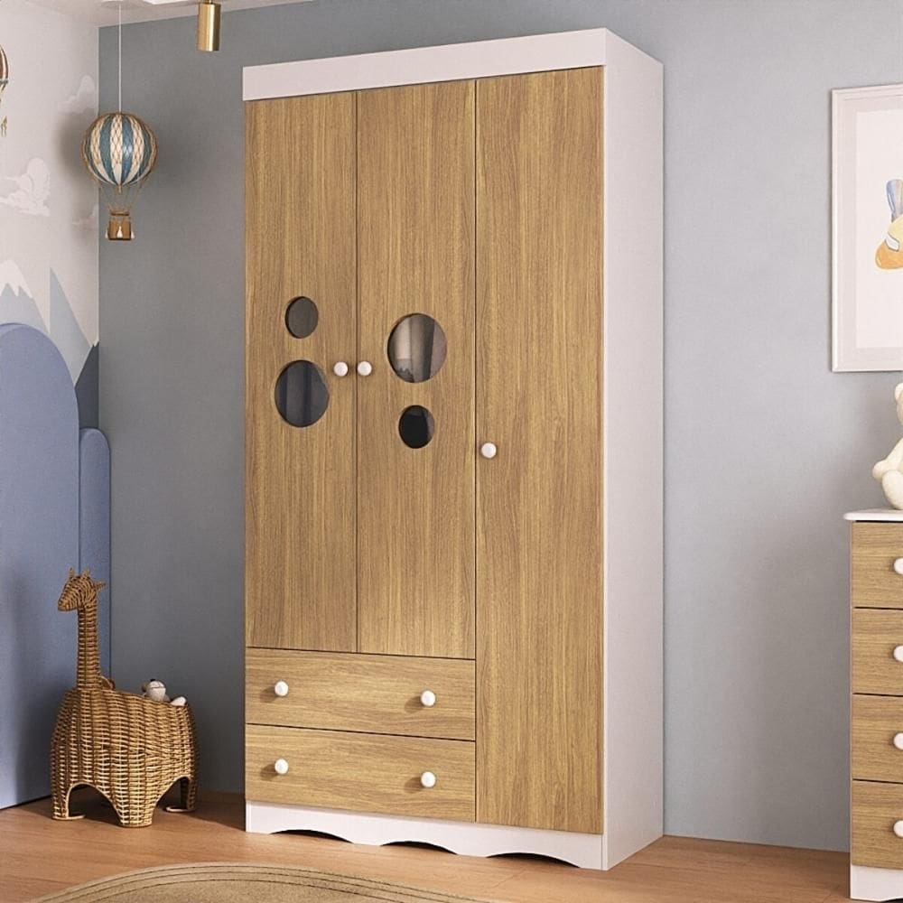 Guarda-roupa Infantil 92cm com Vidro 3 Portas e 2 Gavetas Sonho Multimóveis MP4472