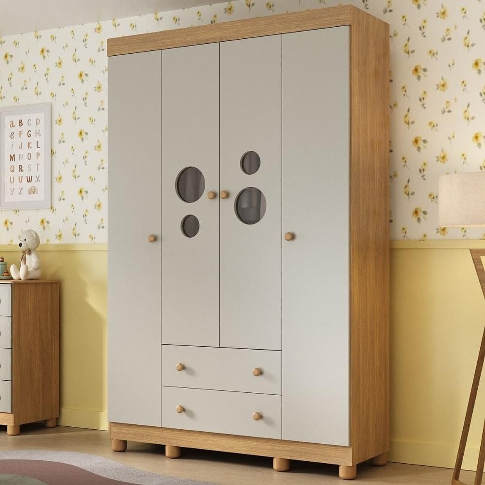 Guarda-roupa Infantil 122cm com Vidro 4 Portas e 2 Gavetas Bombom Multimóveis MP4463