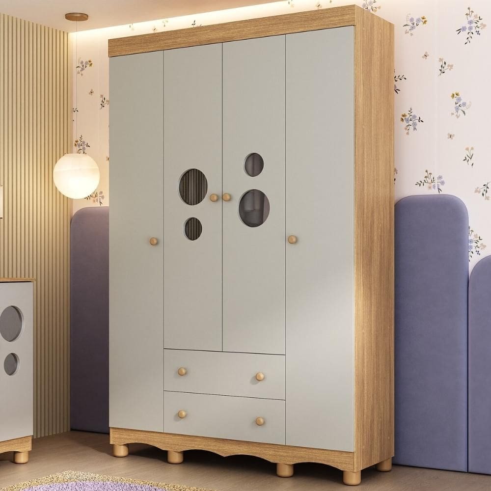 Guarda-roupa Infantil 122cm com Vidro 4 Portas e 2 Gavetas Suspiro Multimóveis MP4458