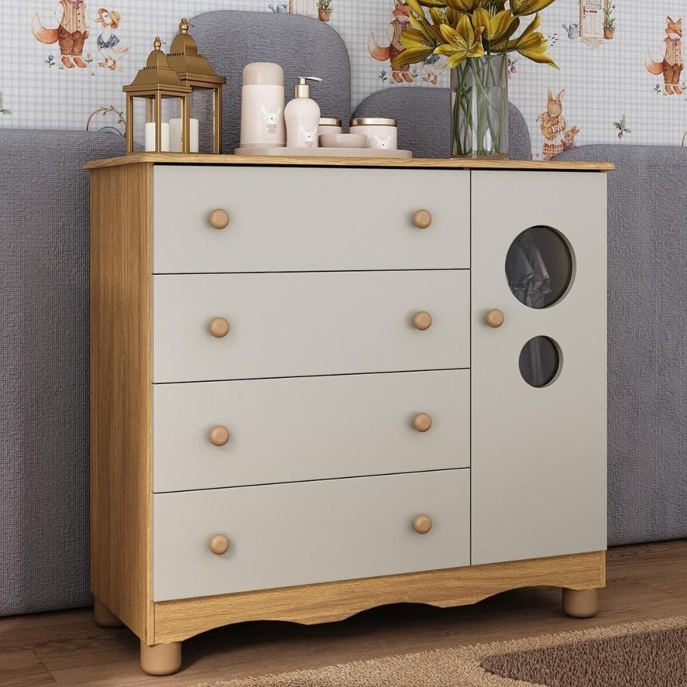 Cômoda Infantil 95cm 1 Porta com Vidro e 4 Gavetas Suspiro Multimóveis MP4459